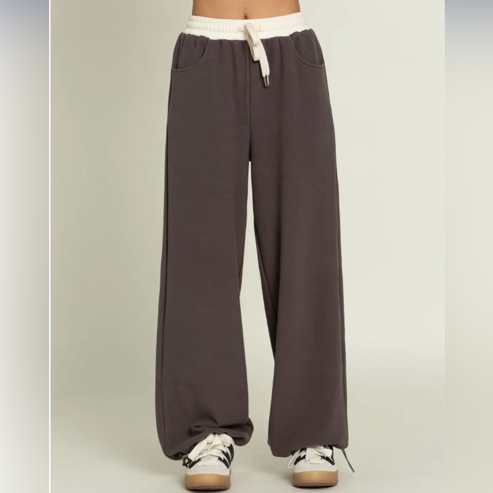 Wide Leg Drawstring Track Pants in Dark Charcoal